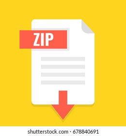 Download ZIP file icon. Downloading document concept. Flat cartoon style. Vector illustration.