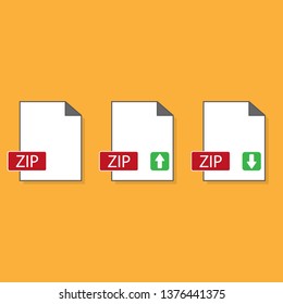 Download ZIP icon. File with ZIP label and down arrow sign. Archive file format. Downloading document concept. Flat design vector icon