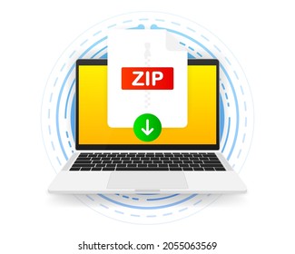 Download ZIP icon file with label on screen computer. Downloading document concept. Vector illustration.