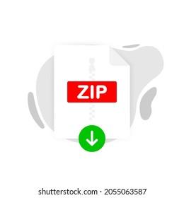 Download ZIP icon file with label on white background. Downloading document concept. Vector illustration.