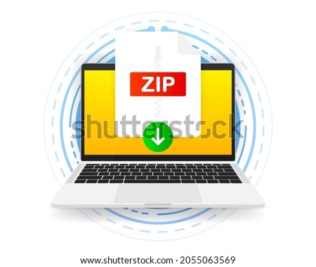 Download ZIP icon file with label on screen computer. Downloading document concept. Vector illustration.