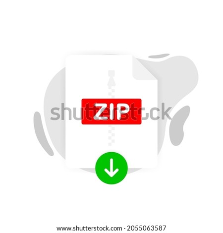 Download ZIP icon file with label on white background. Downloading document concept. Vector illustration.