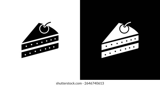 Downloadable black and white vector icons of a minimalist cake slice topped with a cherry. Perfect for bakery, dessert, or food-related designs.
