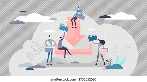 Downloadable concept vector illustration. File sharing flat tiny persons concept. Abstract scene with folders on IT server or cloud. Computer technology to copy information on web networks.
