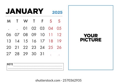 Downloadable January 2025 calendar template with a space for your picture perfect for planning and personalizing your year.