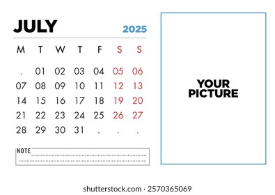 Downloadable July 2025 calendar template featuring a space for your picture Perfect for personal or business use.