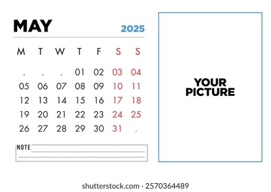 Downloadable May 2025 calendar template with a space for your picture Perfect for personal or professional use.