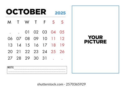 Downloadable October 2025 calendar template features a space for your photo Perfect for personal or professional use.