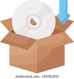 Concepto de paquete descargable, cartón con diseño de icono de color de vectores de flecha baja y disco, símbolo de desarrollo de software y web sobre fondo blanco, ilustración de material de programación y codificación de computadoras