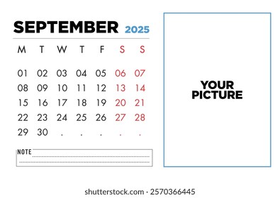 Downloadable September 2025 calendar template with a space for your picture Perfect for personal or business use.