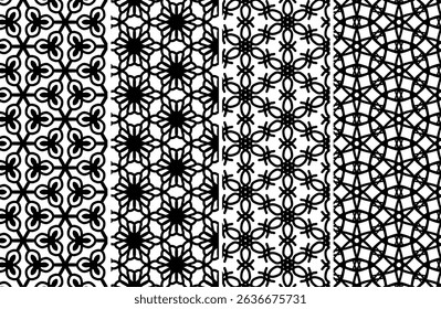 Downloadable set of four stylish geometric patterns ideal for various design applications such as textiles, wallpapers, and website backgrounds.