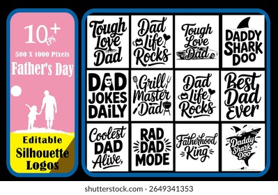 Downloadable vector collection of editable Father's Day silhouette logos featuring various quotes for dad. Ideal for t-shirt design, greeting cards, and gifts. Includes typography and graphic design.