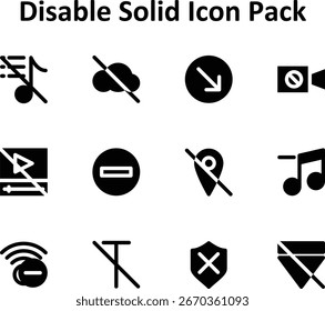 Paquete de Vector descargable de 12 iconos de estilo relleno temáticos en torno a Disable. Simple, limpio y fácil de usar.