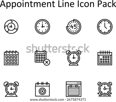 Downloadable vector pack of 12 Line-style icons themed around Appointment. Simple, clean, and easy to use.