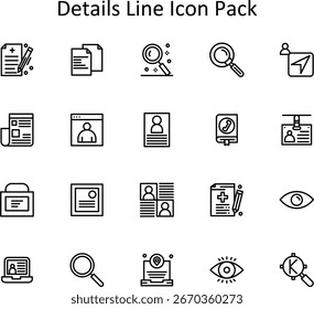 Downloadable vector pack of 20 Line-style icons themed around Details. Simple, clean, and easy to use.