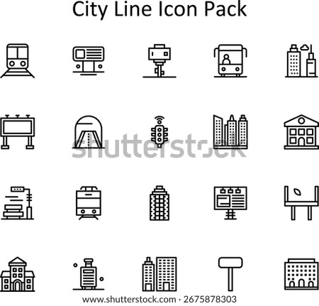 Downloadable vector pack of 20 Line-style icons themed around City. Simple, clean, and easy to use.