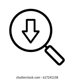 Downloaded files search linear icon. Thin line illustration. Magnifying glass with download arrow contour symbol. Vector isolated outline drawing