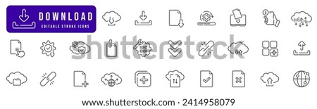 Downloadin related line icon set. Arrow, down, button, upload, file, loading, storage etc. Editable stroke