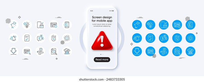 Downloading, Alarm sound and Seo idea line icons. Phone mockup with 3d danger icon. Pack of Table lamp, Money currency, Edit document icon. Website search, Building, Loan percent pictogram. Vector