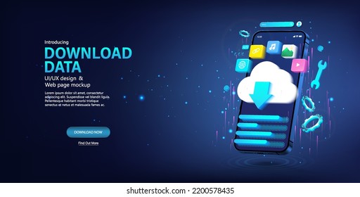 Downloading data via phone from a cloud service. Server for sharing files and uploading data. 3D blue smartphone with download lines and icons. Cloud storage in smartphone. 3D mobile app. Vector