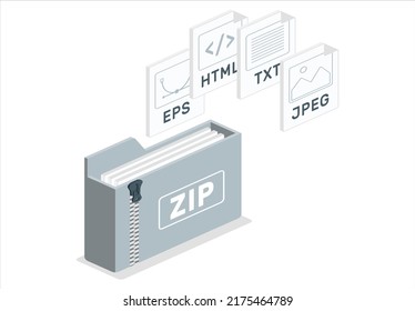 Descargando el concepto del documento. Archivo con la ilustración del vector de etiqueta postal. Formato de iconos de tipo de archivo y extensión de documentos de eps jpeg html txt diseño plano ilustración moderna Premium 