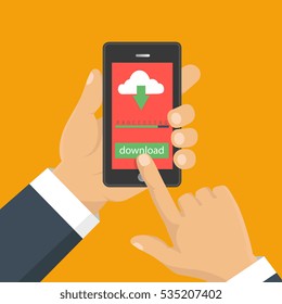 Downloading document, infographics. Flat design. File download concept button on smartphone screen. Hand holds smartphone. 