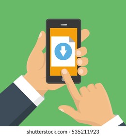Downloading document, infographics. Flat design. File download concept button on smartphone screen. Hand holds smartphone. 