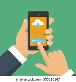 Downloading document, infographics. Flat design. File download concept button on smartphone screen. Hand holds smartphone. 