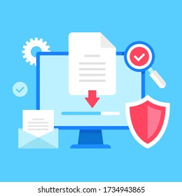 Downloading document. Vector illustration. Computer with file and down arrow symbol on screen, loading progress bar, shield, email, magnifying glass and check mark, etc.