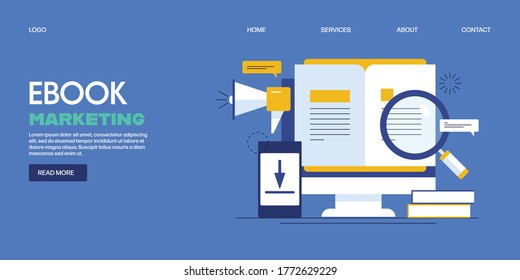 Downloading ebook from internet, Reading ebook, Ebook marketing for business promotion- conceptual vector illustration with icons