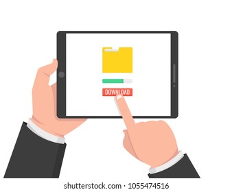 Downloading file, information concept. Hand holding tablet and touching screen. Vector illustration.