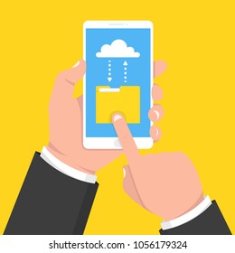 Downloading file, information concept. Hand holding smartphone and touching screen. Vector illustration.