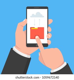 Downloading file, information concept. Hand holding smartphone and touching screen. Vector illustration.