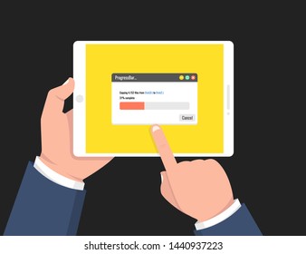 Downloading file, information concept. Hand holding tablet and touching screen. Vector illustration.