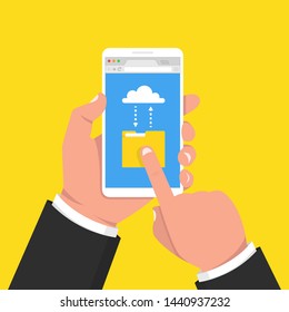 Downloading file, information concept. Hand holding smartphone. Vector illustration.