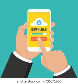 Downloading file, information concept. Hand holding smartphone with cloud, arrow, button and progress bar on the screen. Vector illustration.
