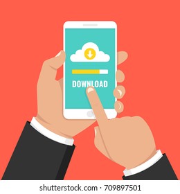 Downloading file, information concept. Hand holding smartphone with cloud, arrow, button and progress bar on the screen. Vector illustration.