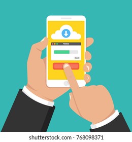 Downloading file, information concept. Hand holding smartphone and progress bar on the screen. Vector illustration.