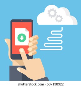 Downloading file from online cloud storage to mobile phone. Hand holding smartphone, finger touching screen with document and download button. Modern flat design vector illustration