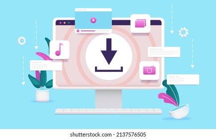 Downloading files on computer from internet - Desktop pc with download icon and graphic elements. Piracy and file sharing concept. Vector illustration