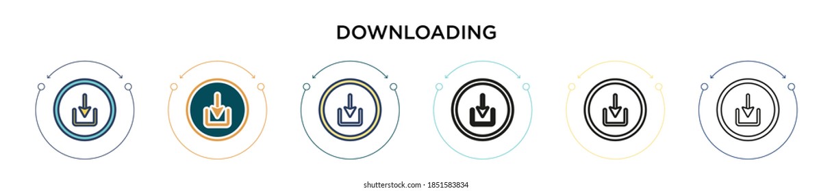 Downloading icon in filled, thin line, outline and stroke style. Vector illustration of two colored and black downloading vector icons designs can be used for mobile, ui, web