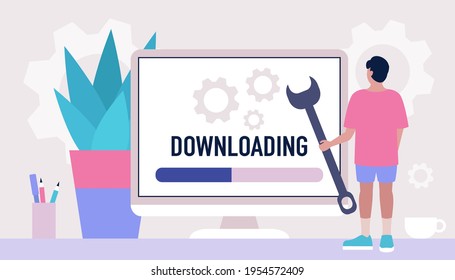 Downloading, loading concept. Young man with wrench near computer.  Vector illustration in a flat style