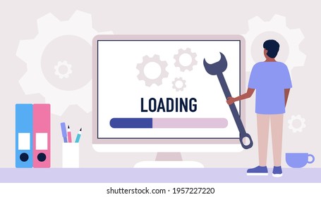 Downloading, loading concept. Young man with wrench near computer.  Vector illustration in a flat style