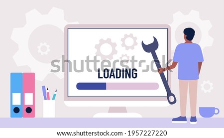 Downloading, loading concept. Young man with wrench near computer.  Vector illustration in a flat style