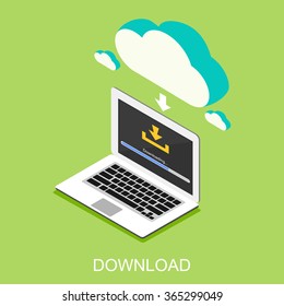 Downloading process on computer concept illustration. Isometric 3d flat design. Downloading bar status.
