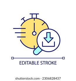 Downloading speed RGB color icon. Internet connection check. Testing loading time. Timer and loupe. Isolated vector illustration. Simple filled line drawing. Editable stroke. Arial font used