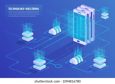 Downloading, uploading and storing data. Data centre. Cloud service and mobile devices. High technology concept. Isometric vector illustration.