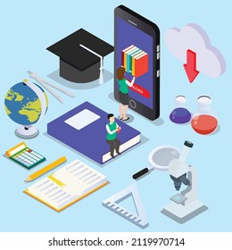 Downloading vector concept. Two college students downloading e-books on the cellphone while studying together in the classroom