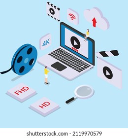 Downloading vector concept. Two young people downloading movies on the laptop while enjoying leisure time together
