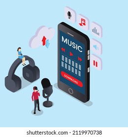 Downloading vector concept. Two young people downloading a music apps on a cellphone while using a headset